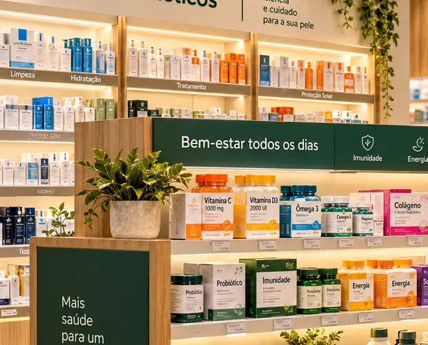 Produtos de cuidados com a pele organizados em prateleiras