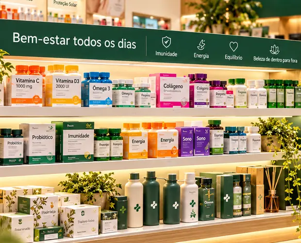Prateleira de suplementos e produtos de bem-estar