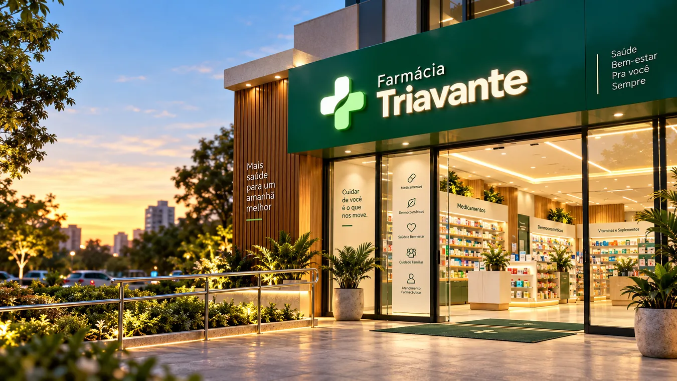 Fachada ilustrativa da Farmácia Triavante no entardecer